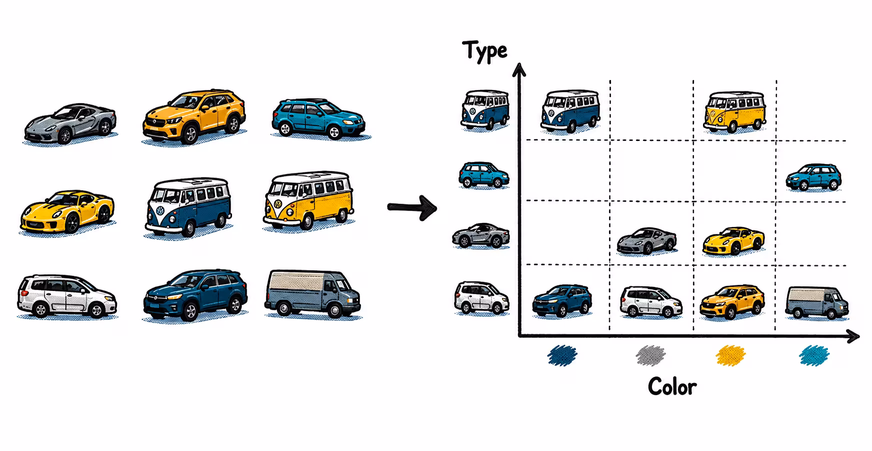 Ejemplo de ordenación de imágenes de coches por color y tipo